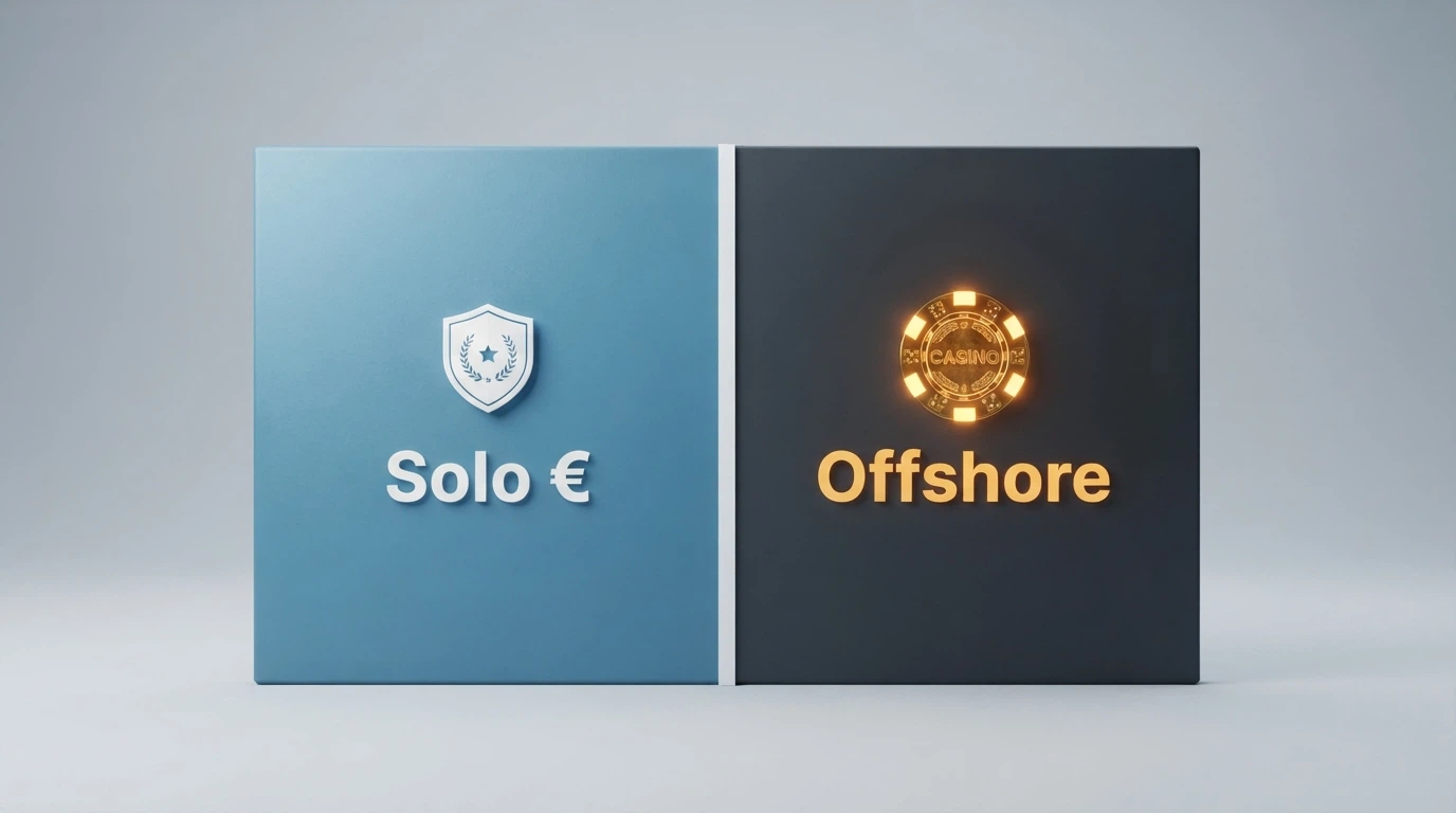 Una linea che divide lo schermo in due metà: a sinistra il logo ADM su sfondo azzurro con la scritta «Solo Euro», a destra il simbolo di Bitcoin su sfondo scuro con la scritta «Offshore»