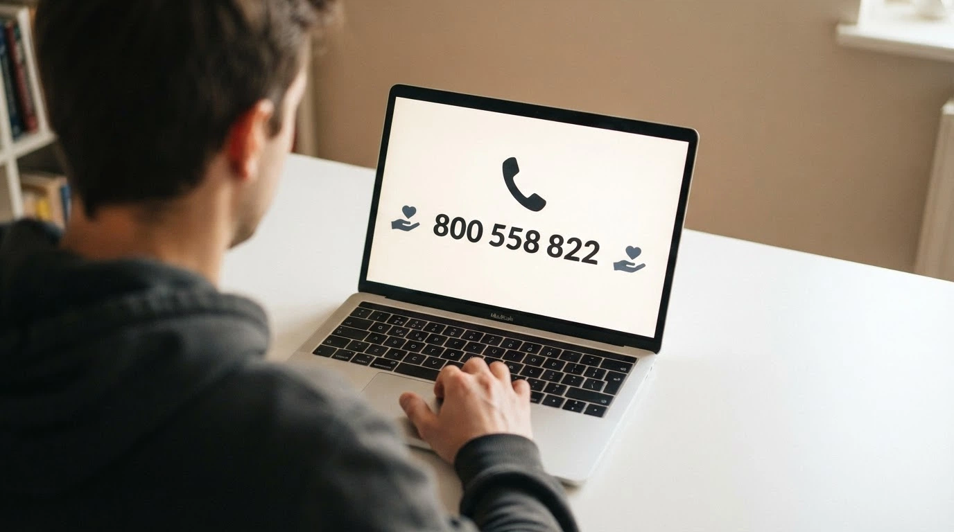 Uno schermo con il numero verde 800 558822 in primo piano e icone di supporto e ascolto