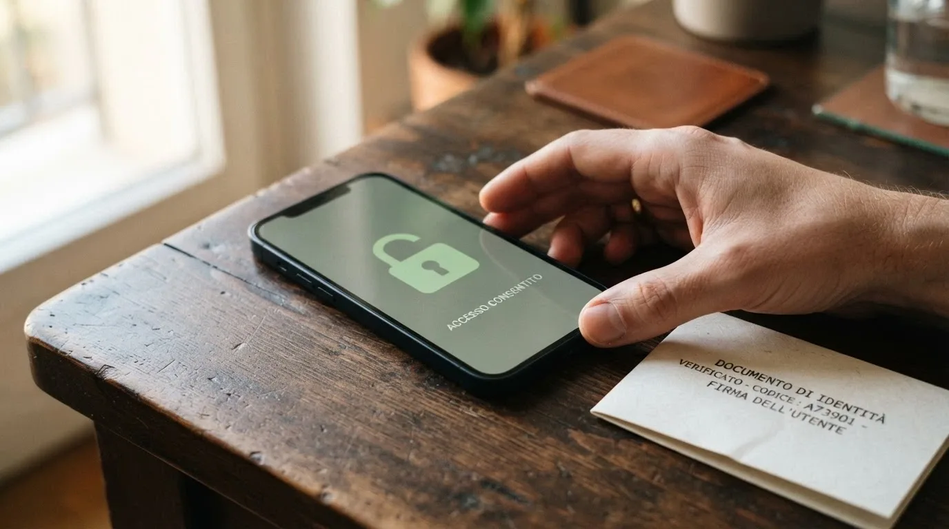 Una mano che porge una carta d'identità verso lo schermo di un telefono, con il simbolo di un lucchetto aperto e la scritta «No KYC»