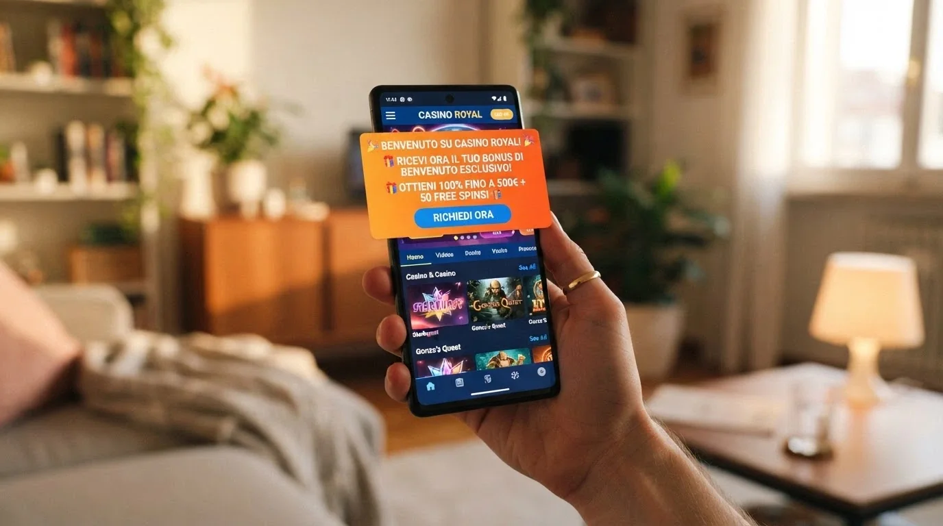Uno smartphone in mano con l'interfaccia di un casinò in app e la notifica di un bonus di benvenuto