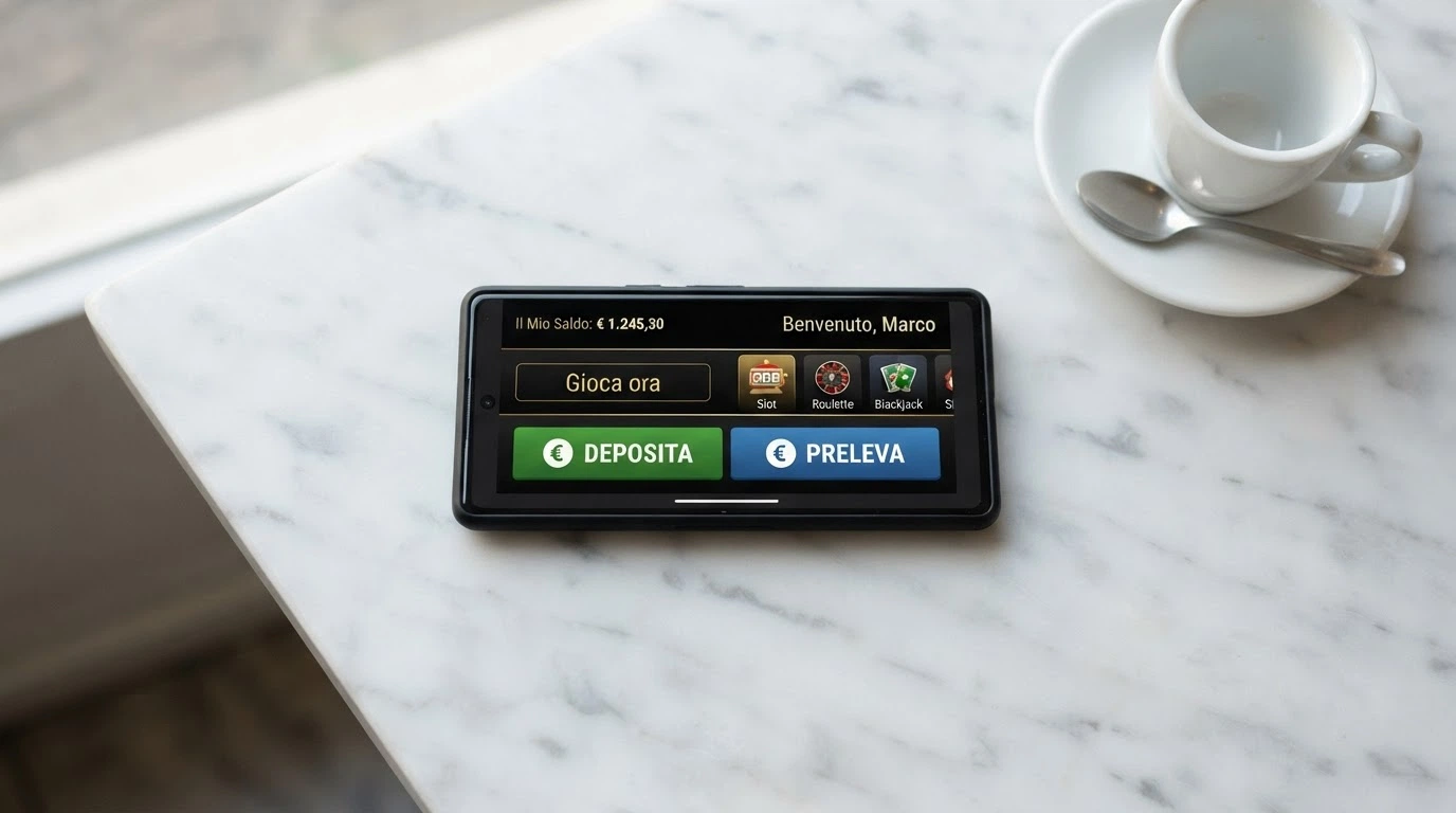 Uno smartphone che mostra l'interfaccia di un casinò mobile con pulsanti di deposito e prelievo ben visibili