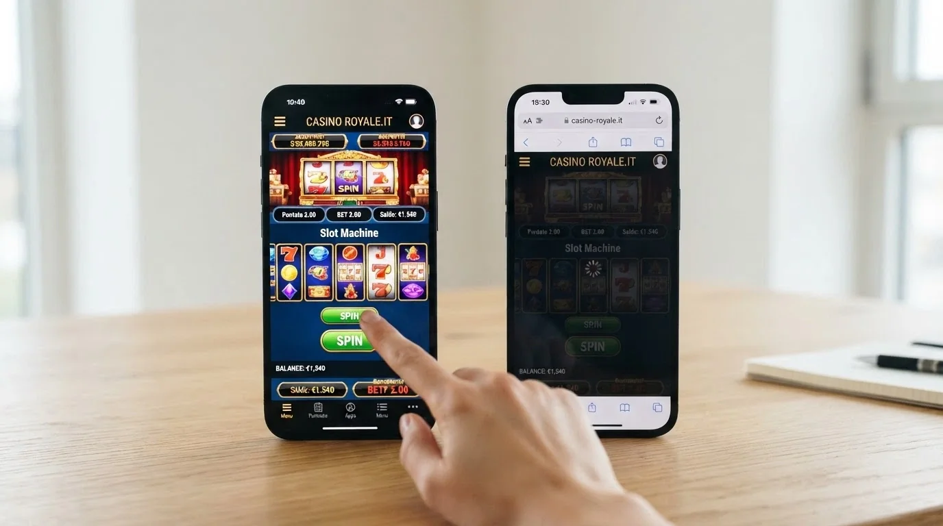 Confronto affiancato tra interfaccia di un'app casinò nativa e la stessa pagina in browser Safari su iPhone