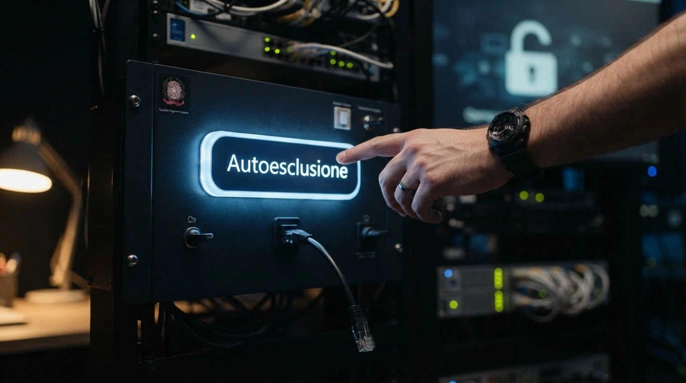 Una mano che cerca di premere un pulsante «Autoesclusione» ma il pulsante è scollegato, con un lucchetto aperto sullo sfondo e il logo RUA visibile