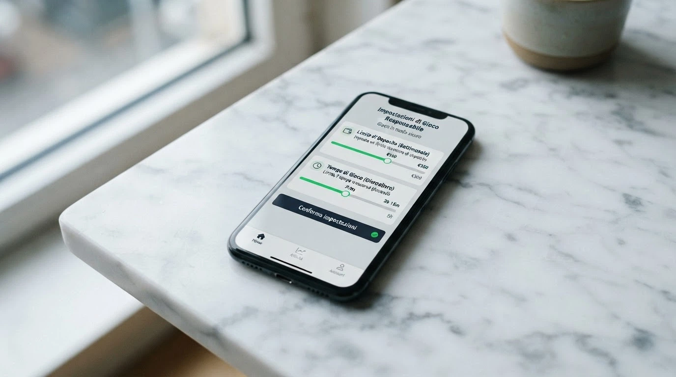Un'interfaccia mobile con i cursori «limite di deposito», «tempo di gioco» e il logo RUA