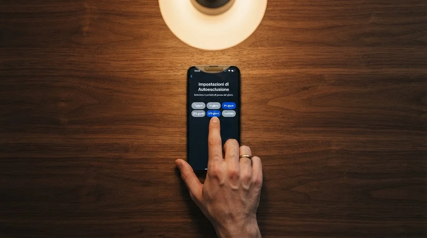 Interfaccia di un portale di autoesclusione con un interruttore virtuale e le opzioni 7 giorni, 30 giorni, 90 giorni, 270 giorni e indefinito visibili sullo schermo