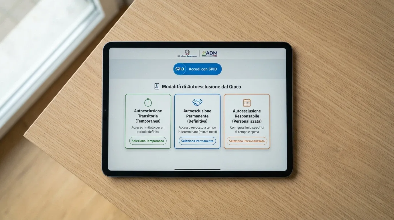 Il pannello di accesso al Registro Unico degli Autoesclusi con il simbolo SPID e le tre modalità di autoesclusione