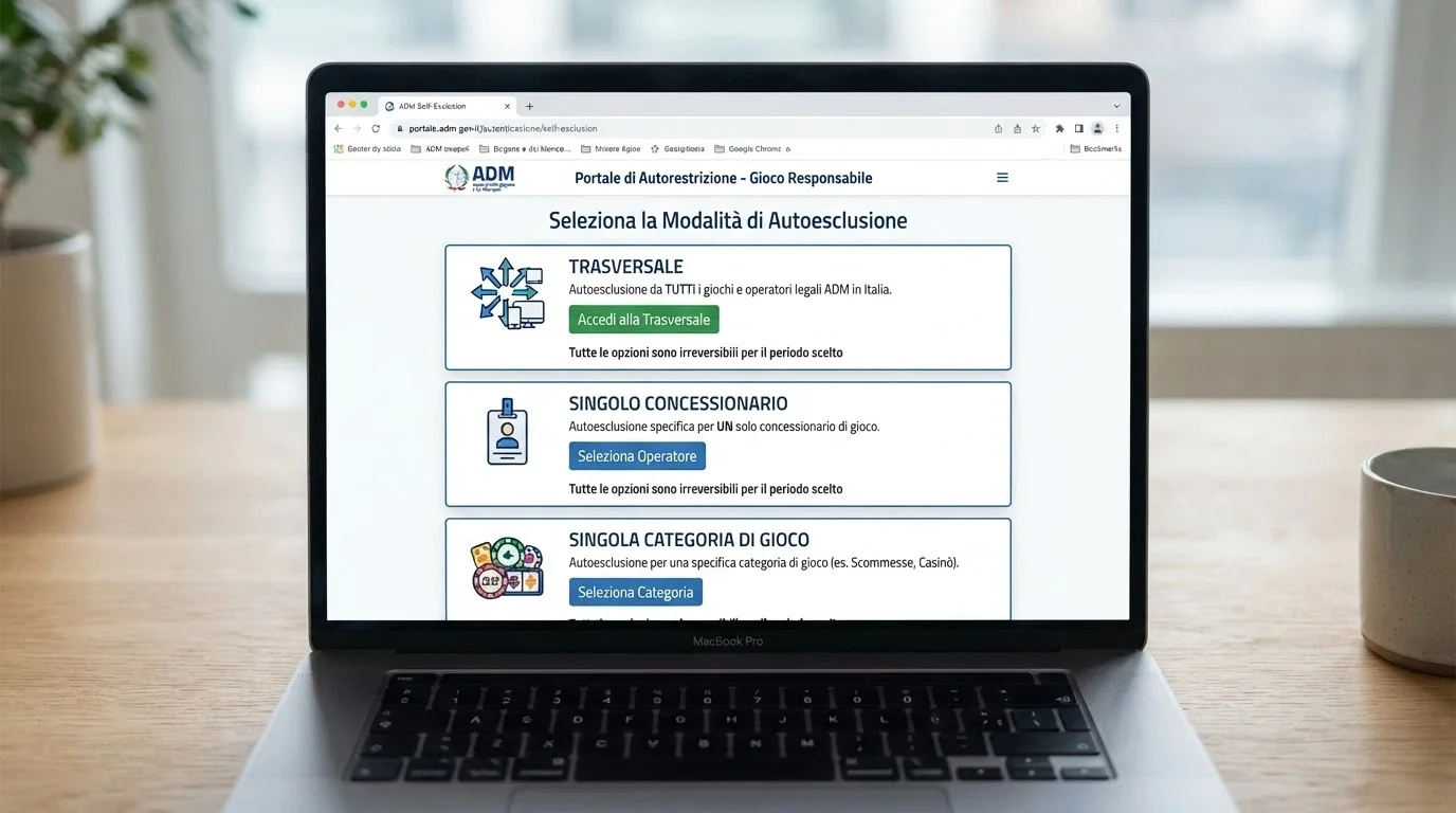 La schermata del portale ADM per l'autoesclusione con tre opzioni: «Trasversale», «Singolo Concessionario», «Singola Categoria di Gioco»