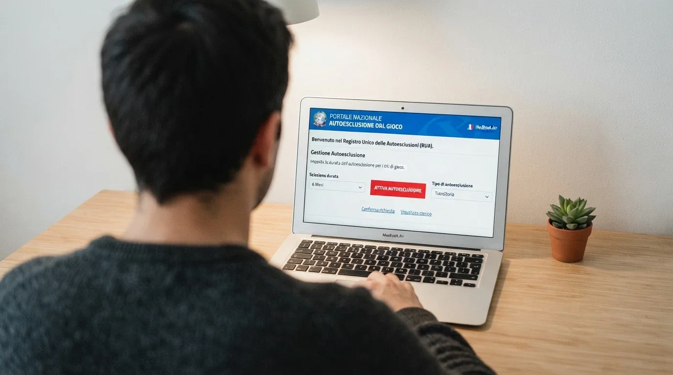 L'interfaccia del portale RUA su adm.gov.it con il pulsante «Attiva autoesclusione» in primo piano e le opzioni di durata visibili