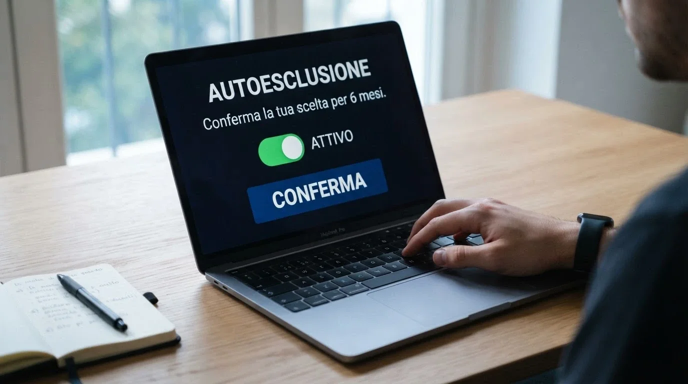 Una mano che digita su una tastiera con uno schermo che mostra l'interfaccia di autoesclusione RUA