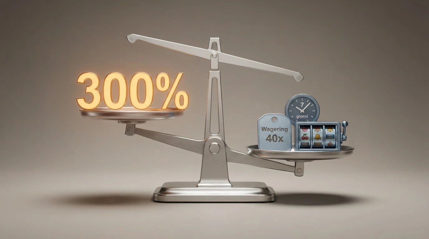 Una bilancia stilizzata: sul piatto sinistro la cifra «300%» in grande, sul piatto destro le voci «wagering 40x», «7 giorni», «slot selezionate» — il piatto destro pesa di più