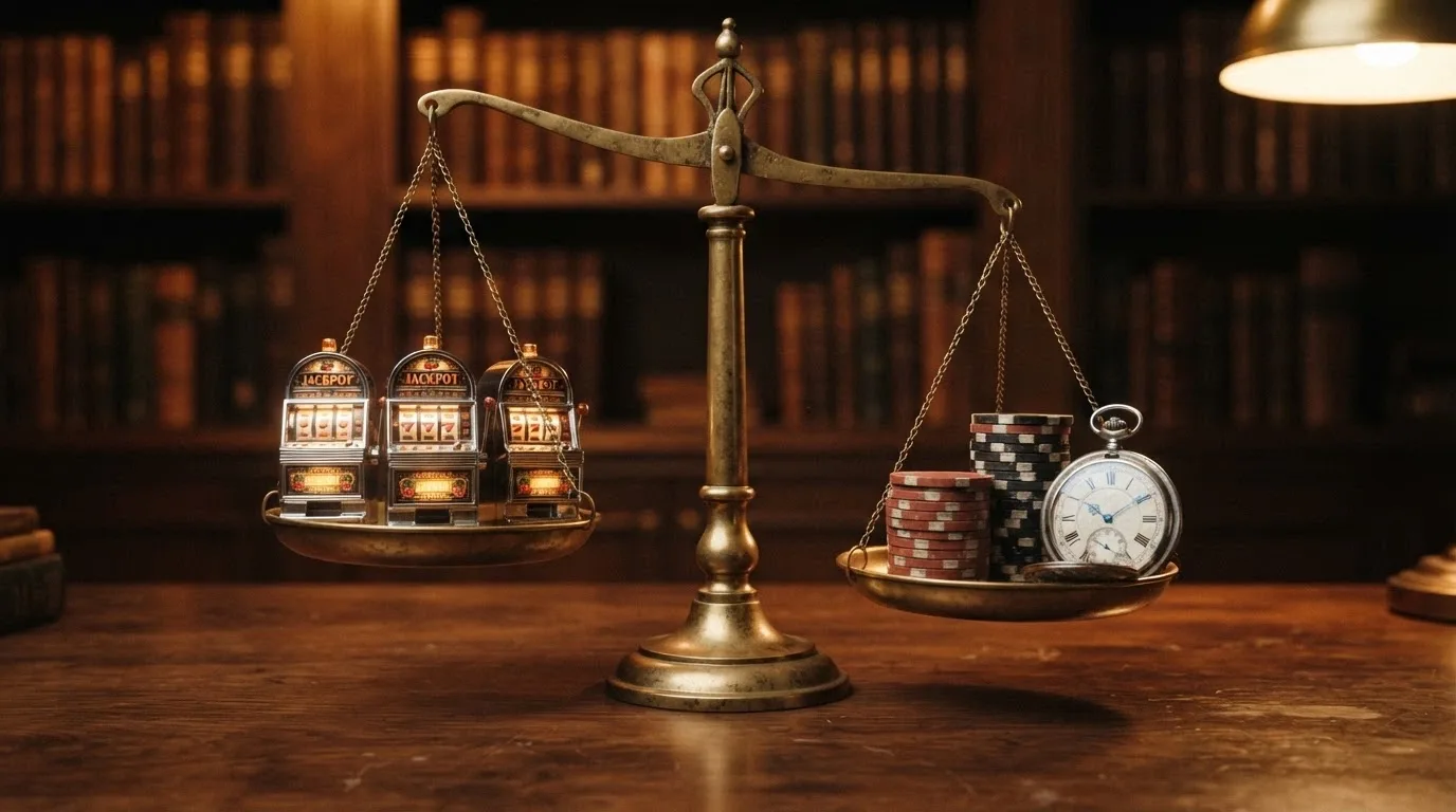 Una bilancia a due piatti: su uno pesano tre slot machine in miniatura, sull'altro una piccola pila di monete da €1 e un orologio che segna il tempo trascorso