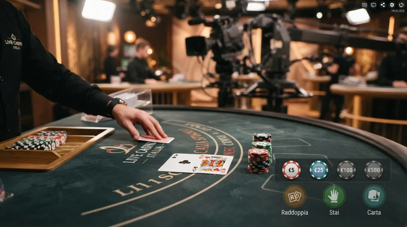 Tavolo di blackjack live con croupier, carte distribuite e interfaccia di puntata