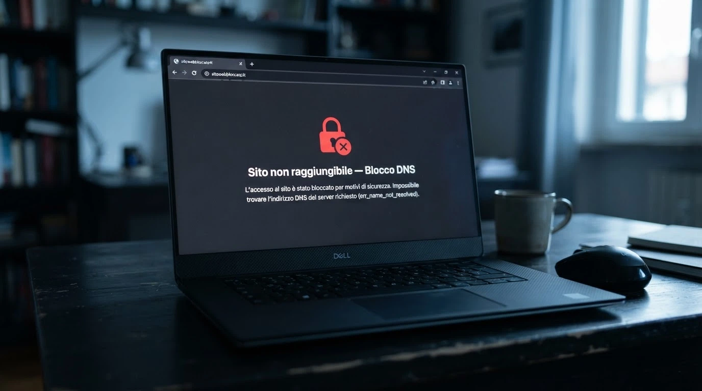 Lo schermo di un computer con un avviso «Sito non raggiungibile — Blocco DNS» in italiano, con un lucchetto rosso sbarrato