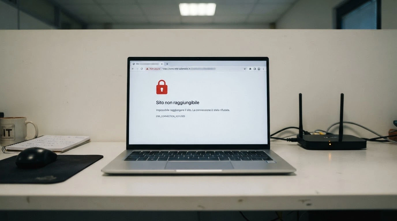 La schermata di un browser web che mostra un messaggio di «sito non raggiungibile» con l'indirizzo di un casinò bloccato in evidenza nella barra degli indirizzi