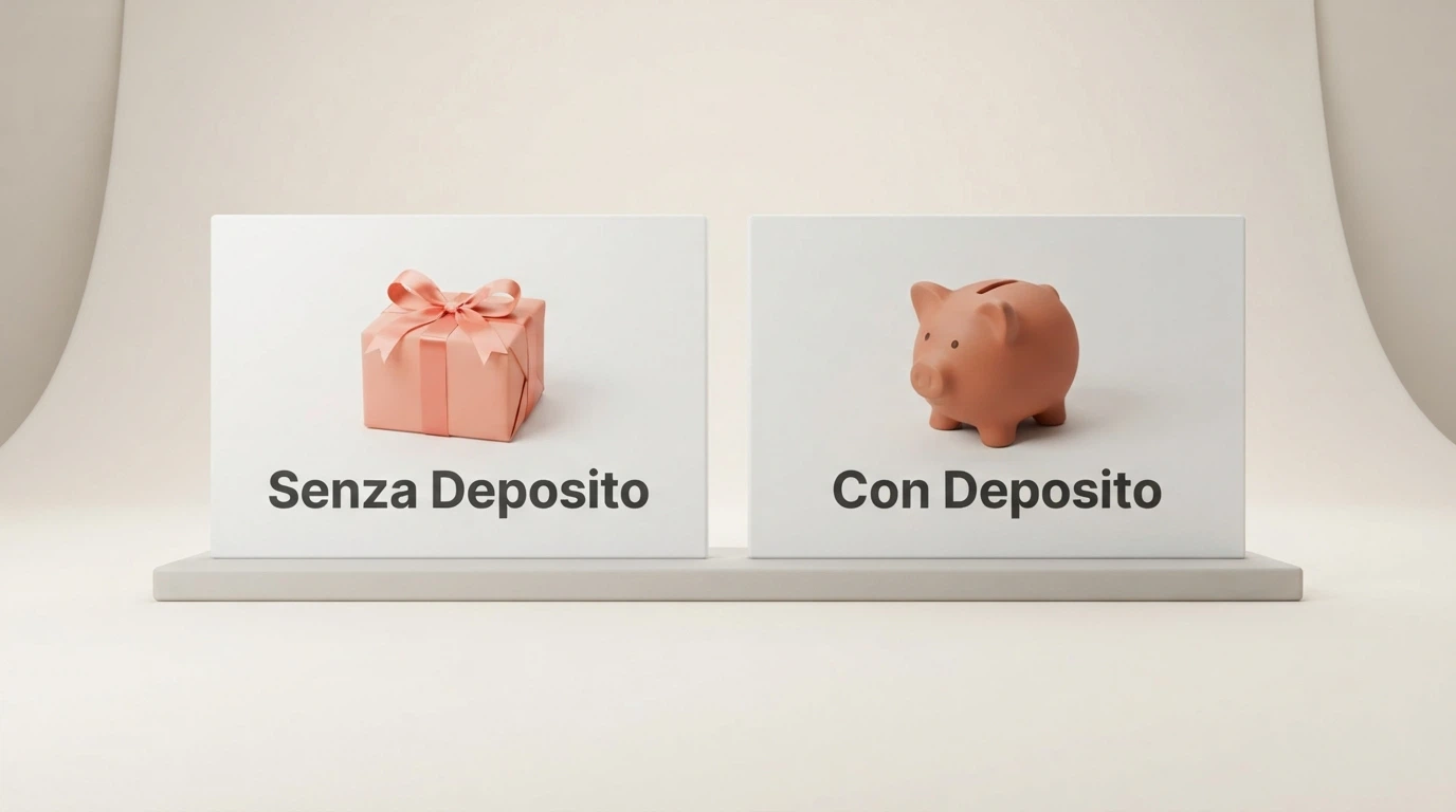 Due riquadri affiancati su sfondo neutro: uno mostra l'icona di un regalo con la scritta Senza Deposito, l'altro un salvadanaio con la scritta Con Deposito