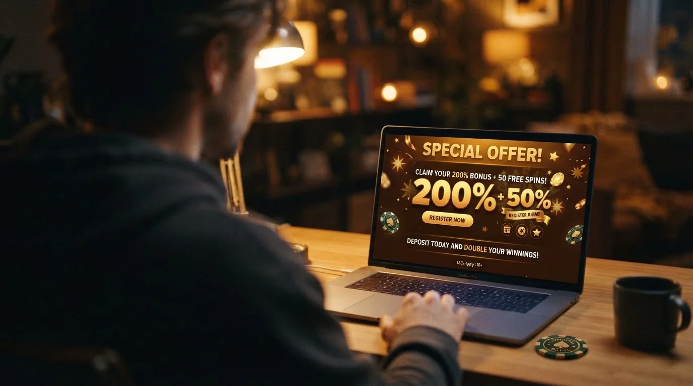 Schermata promozionale di un casinò Ethereum con percentuali di bonus, free spin e termini in evidenza