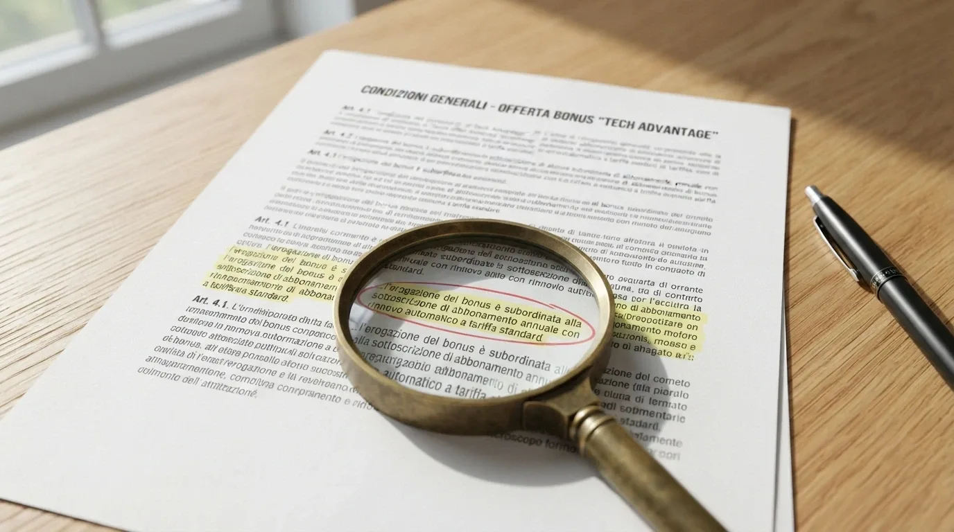 Un contratto con una lente d'ingrandimento posata sopra una clausola evidenziata in giallo — la scritta «wagering 40x» è cerchiata in rosso
