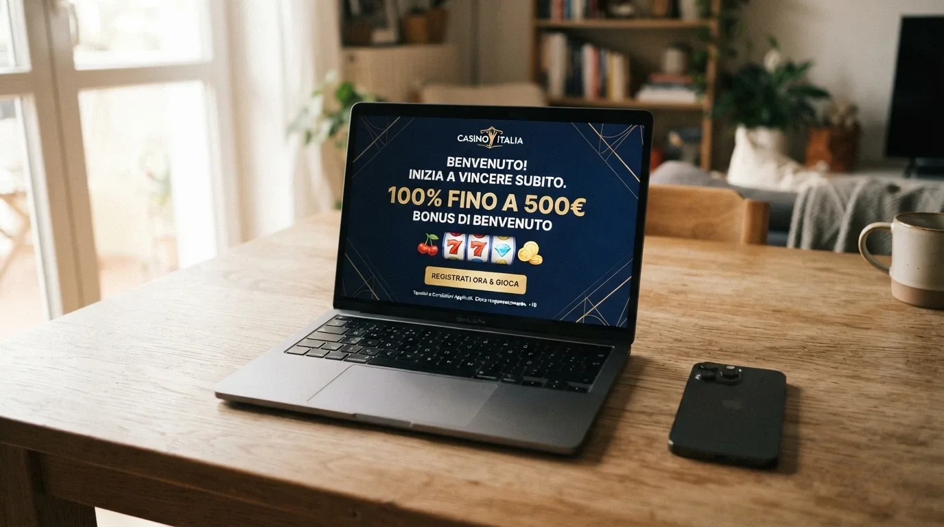 Pagina promozionale di un casinò online con offerta di bonus di benvenuto, percentuale di match e giri gratuiti per le slot