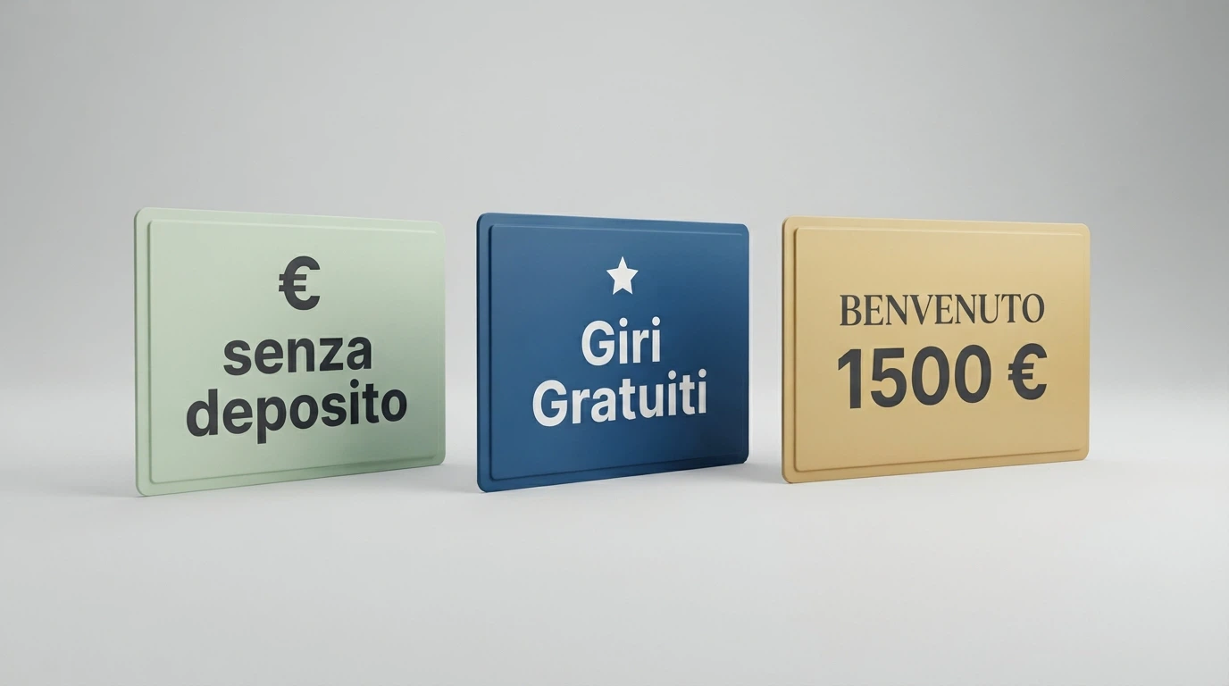 Tre carte bonus virtuali affiancate — «senza deposito», «free spin», «benvenuto» — con importi in euro