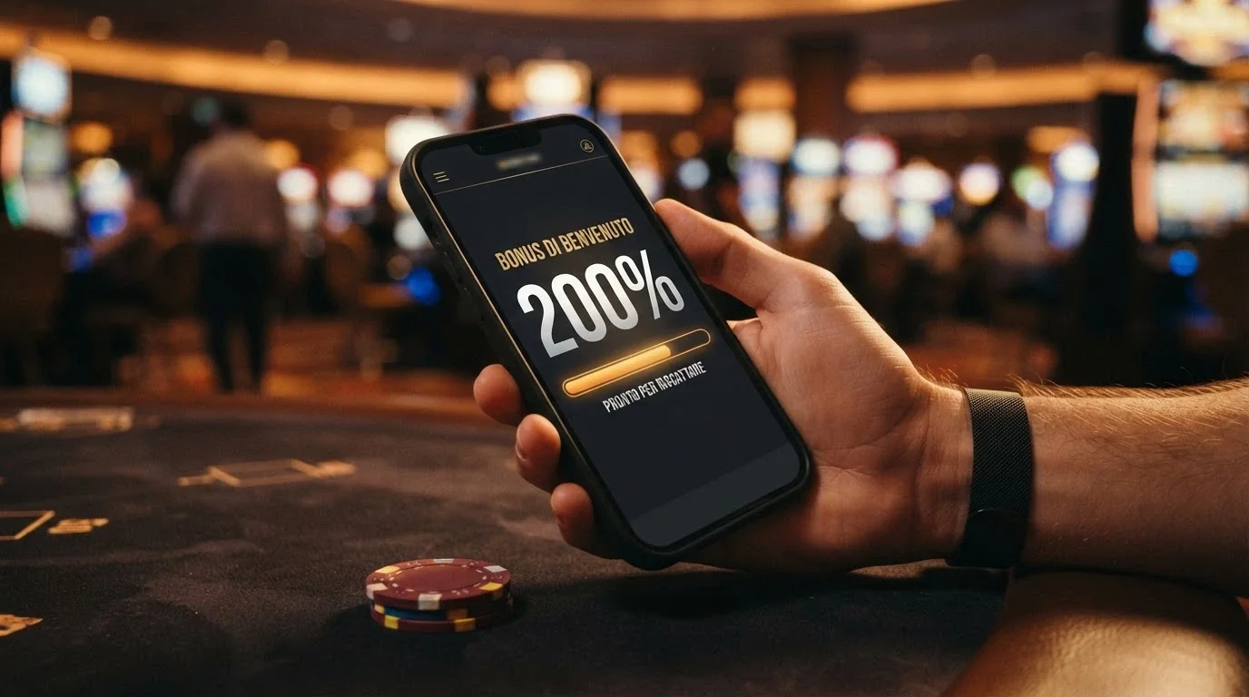 Rappresentazione visiva di un pacchetto bonus con percentuale di match, giri gratis e il requisito di wagering in evidenza