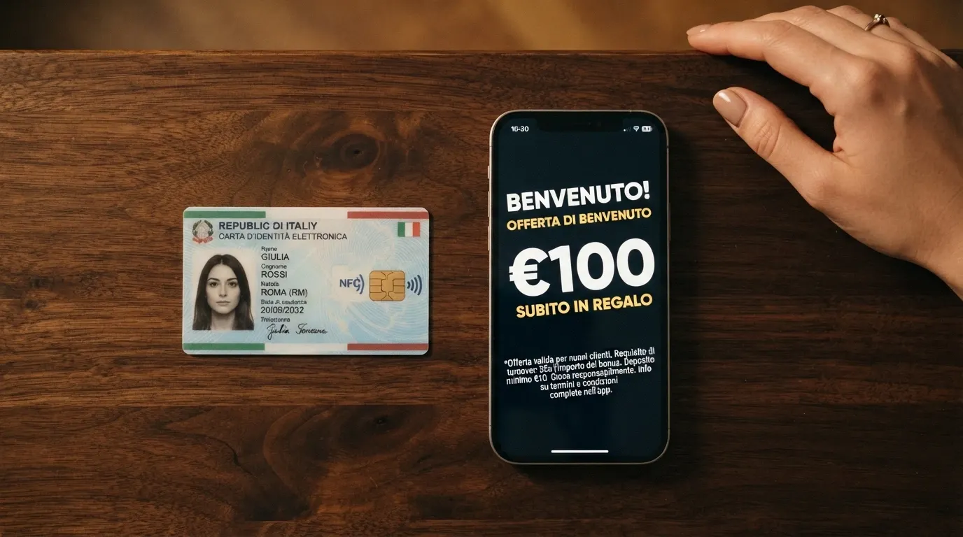 Una CIE accanto alla schermata di un'offerta di benvenuto con l'importo del bonus in evidenza e, in piccolo, le condizioni di turnover