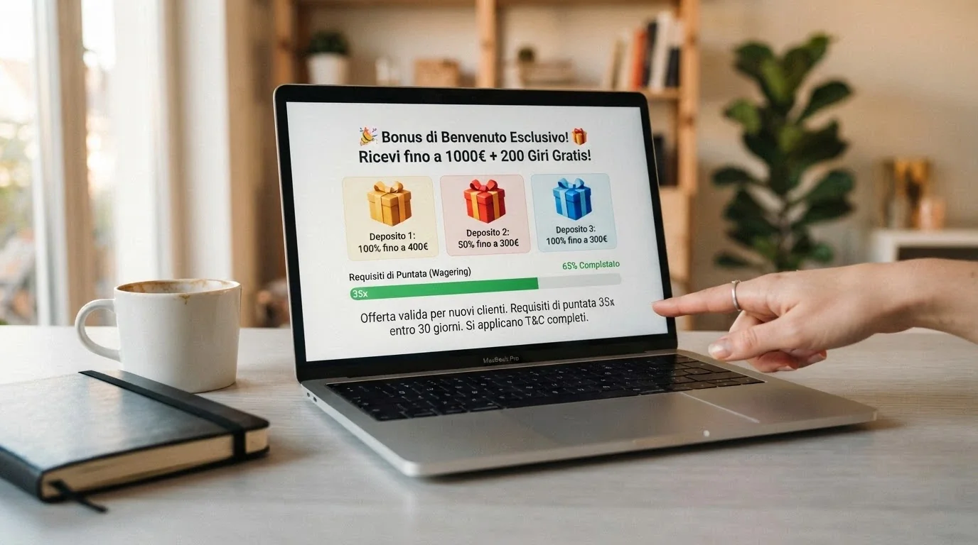 Schermata promozionale di bonus benvenuto per casinò live dealer, con dettaglio dei requisiti
