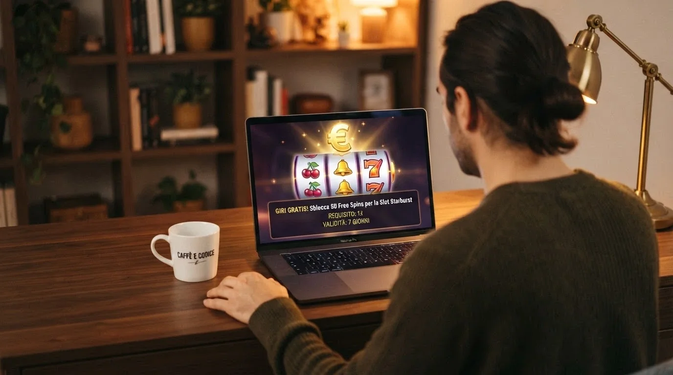 Schermata di un'offerta free spin senza deposito con l'indicazione dei termini e del requisito di puntata