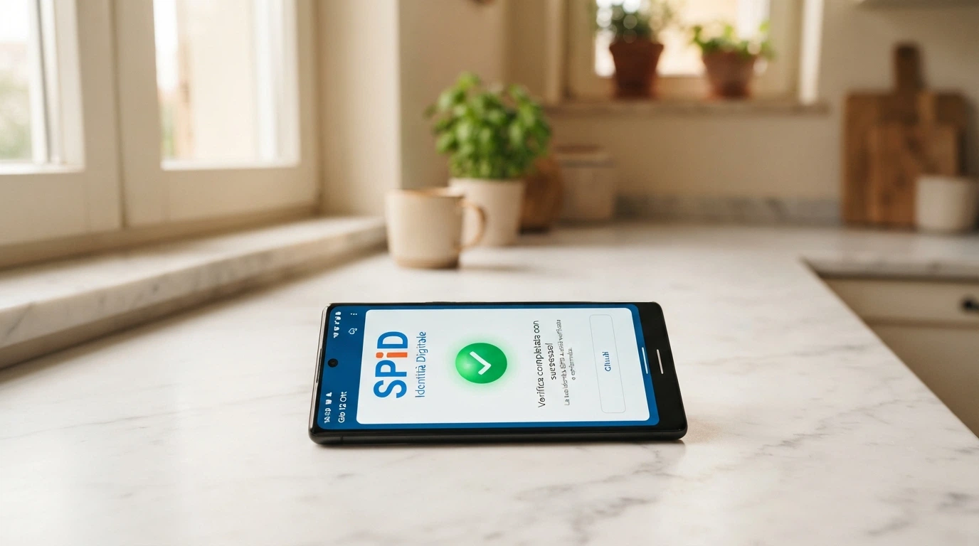 Uno smartphone che mostra la schermata di registrazione SPID accanto al messaggio di accredito di un bonus