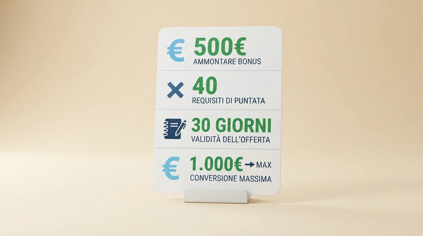 Schema visivo dei termini di un bonus: importo, requisito di puntata, scadenza, conversione massima