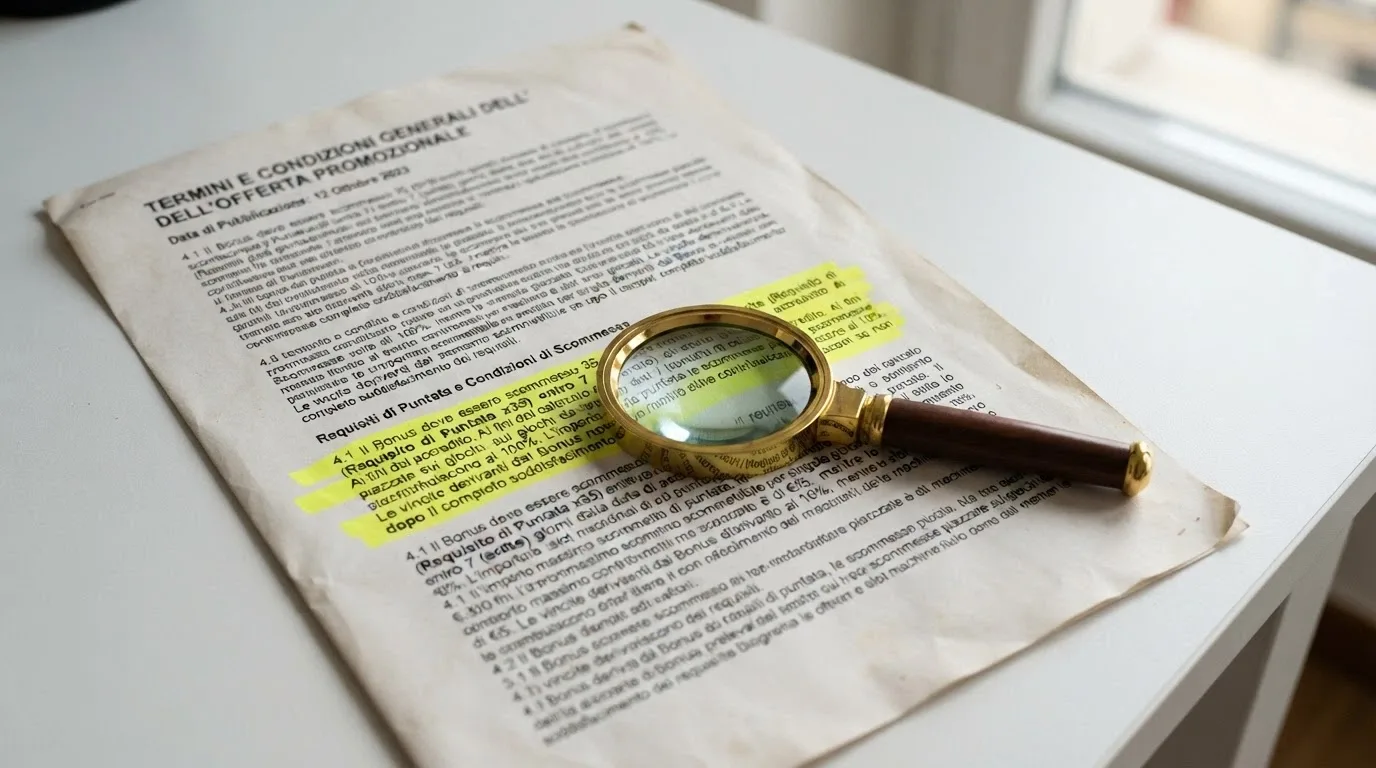 Un primo piano di un documento con i termini e condizioni di un bonus casinò, con i requisiti di puntata evidenziati in giallo e una lente di ingrandimento posata sopra