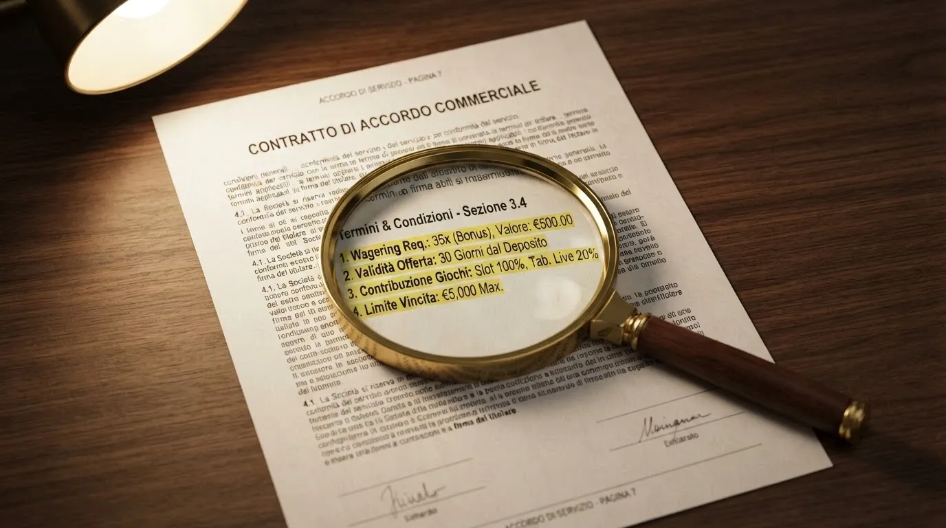 Una lente di ingrandimento posata su un contratto con evidenziati i termini di wagering e validità