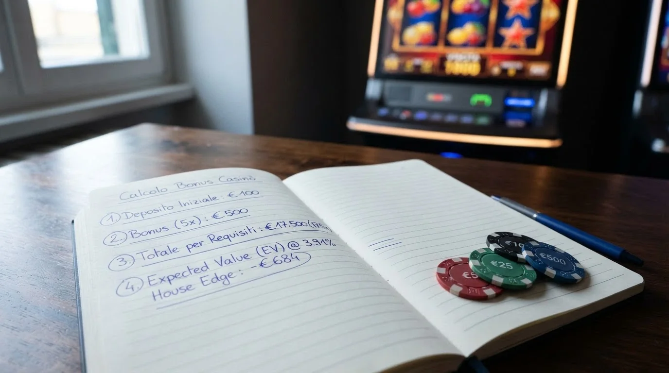 un foglio di calcolo con le voci deposito, bonus, wagering e perdita attesa, affiancato a fiches e una slot machine sullo sfondo