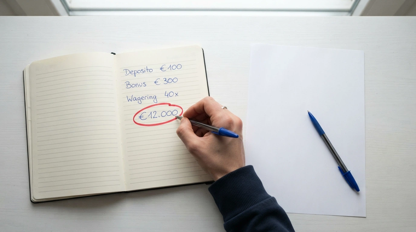 Una calcolatrice aperta accanto a un foglio con tre cifre in colonna: deposito, bonus e moltiplicatore di wagering, con il totale delle puntate richieste cerchiato in rosso