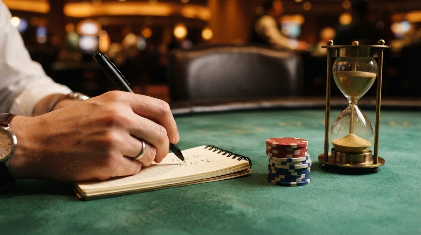 Calcolatrice, gettoni da casinò e una clessidra su un tavolo da gioco