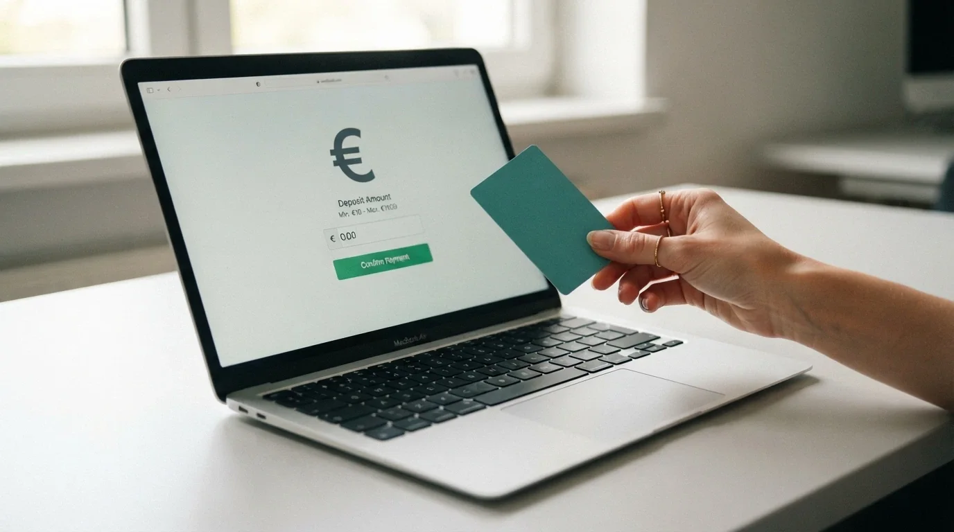 Una mano che tiene una carta PostePay sopra la tastiera di un laptop aperto sulla cassa di un casinò online