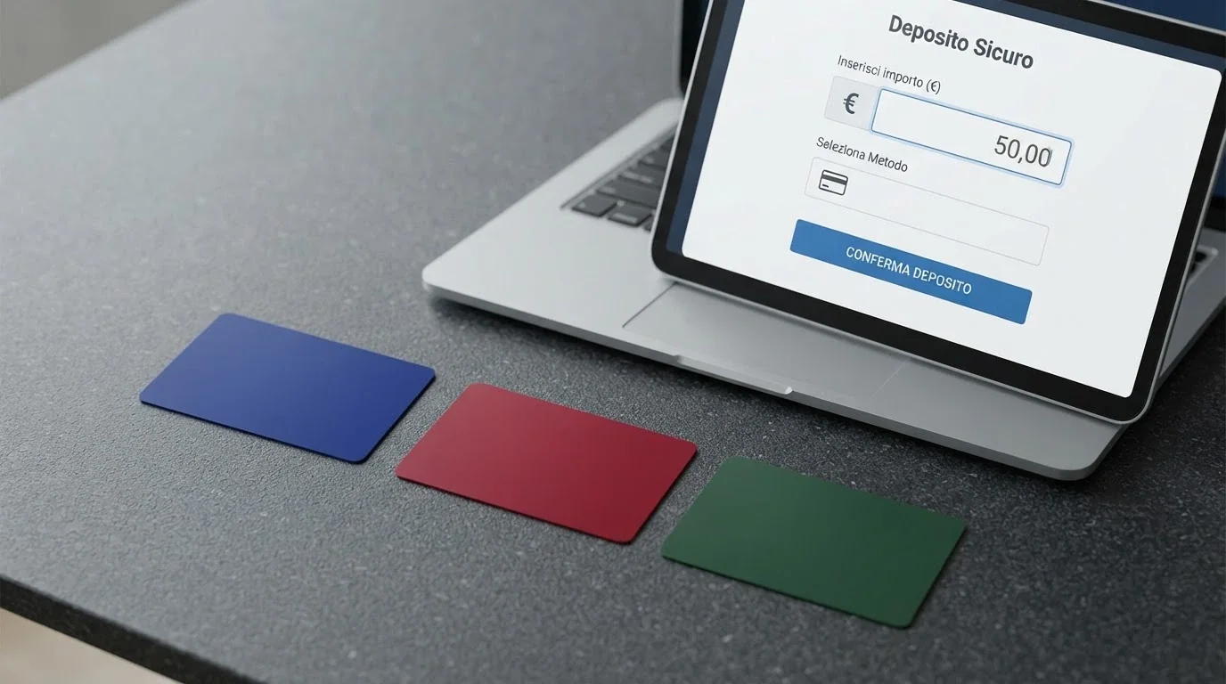 Carte Visa, Mastercard e Postepay disposte accanto alla schermata di deposito di un casinò online italiano