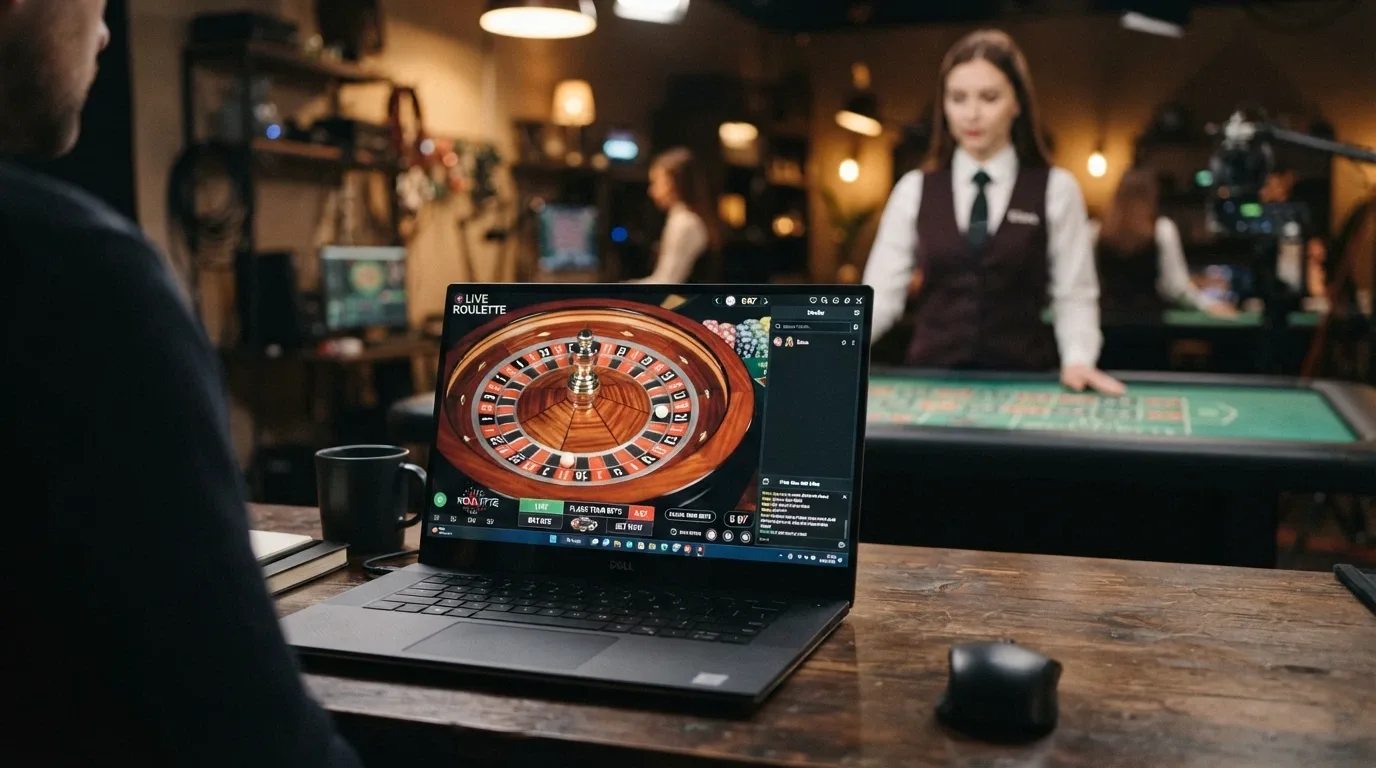 alt: Tavolo di roulette live con croupier in smoking trasmesso in streaming da uno studio professionale illuminato