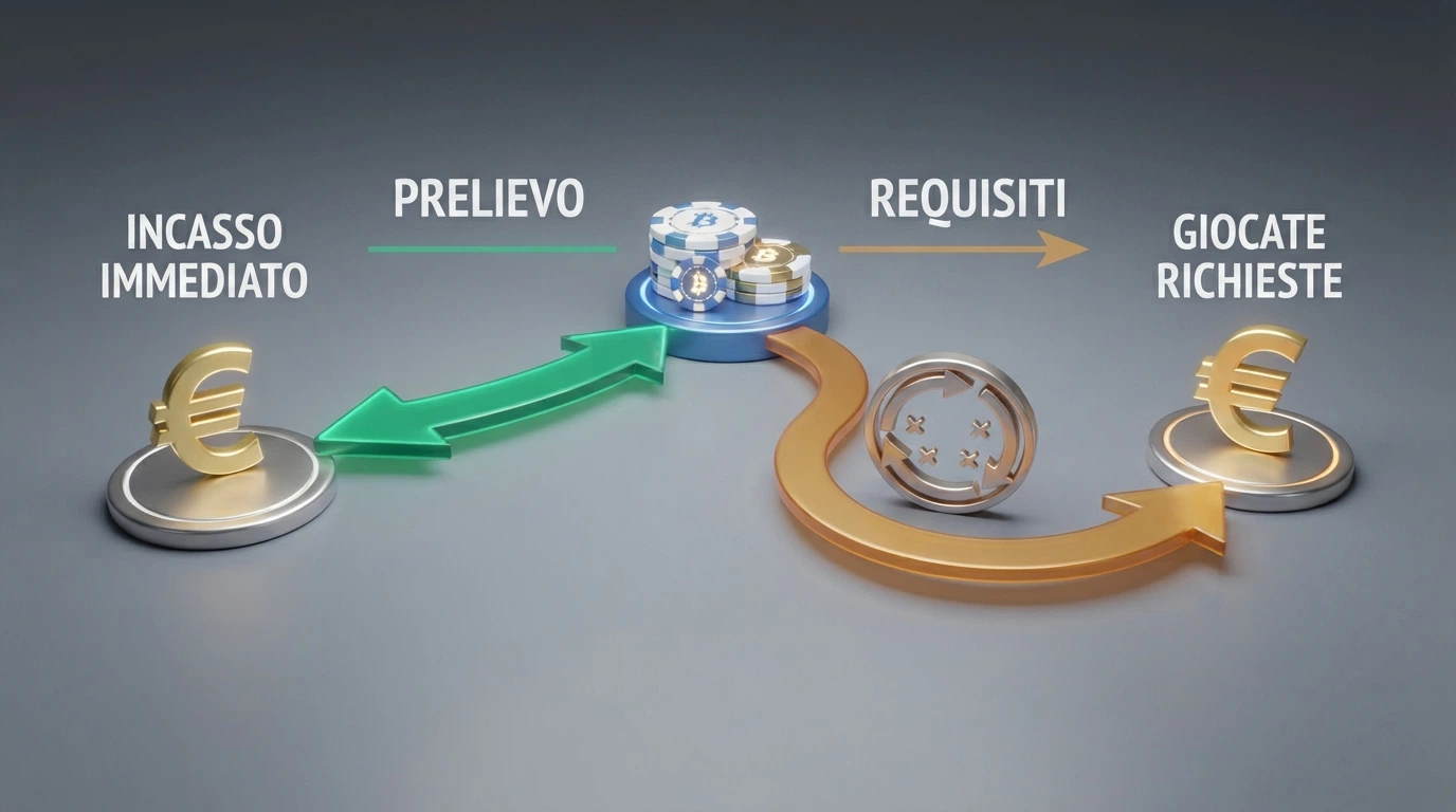 alt: Schema che mostra due percorsi: un bonus reale che porta al prelievo diretto e un fun bonus che passa attraverso il wagering prima di diventare prelevabile
