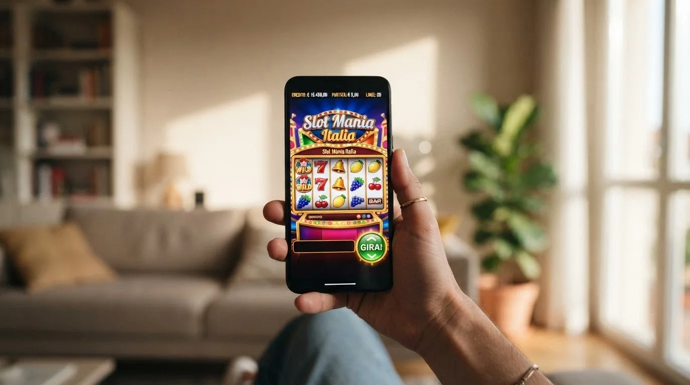 Smartphone che mostra un casinò online in modalità demo con una slot attiva a schermo intero