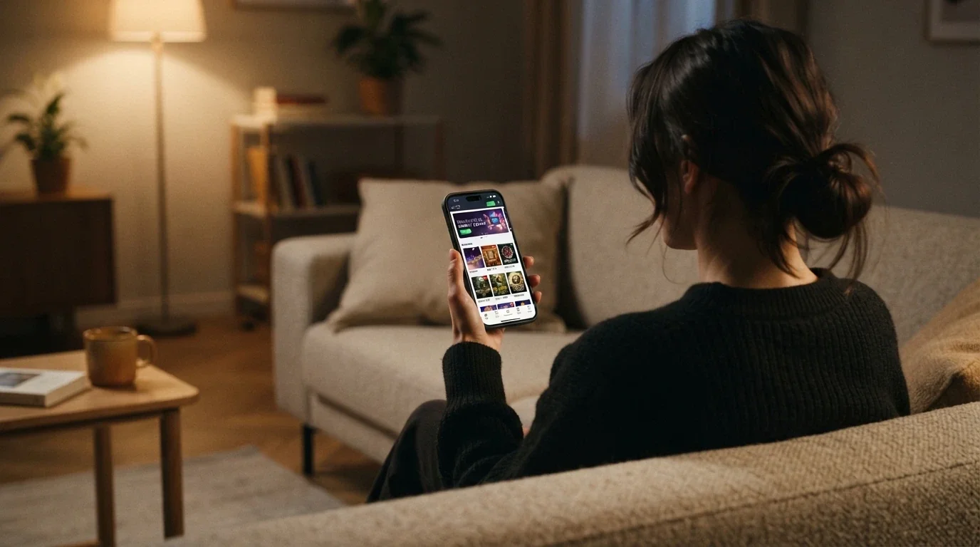 Interfaccia mobile di un casinò crypto con menu di navigazione, selezione giochi e opzione di deposito visibile
