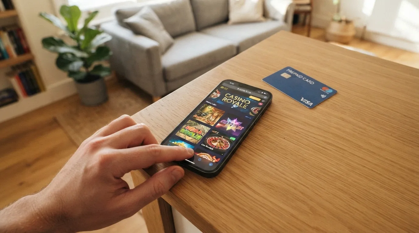 Uno smartphone in mano con l'interfaccia di un casinò mobile aperta e una carta PostePay sullo sfondo