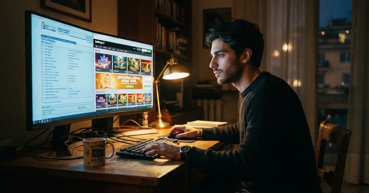 Un giocatore italiano seduto davanti allo schermo del computer, con il sito dell'ADM aperto su una metà e la homepage di un casinò online sull'altra, espressione concentrata