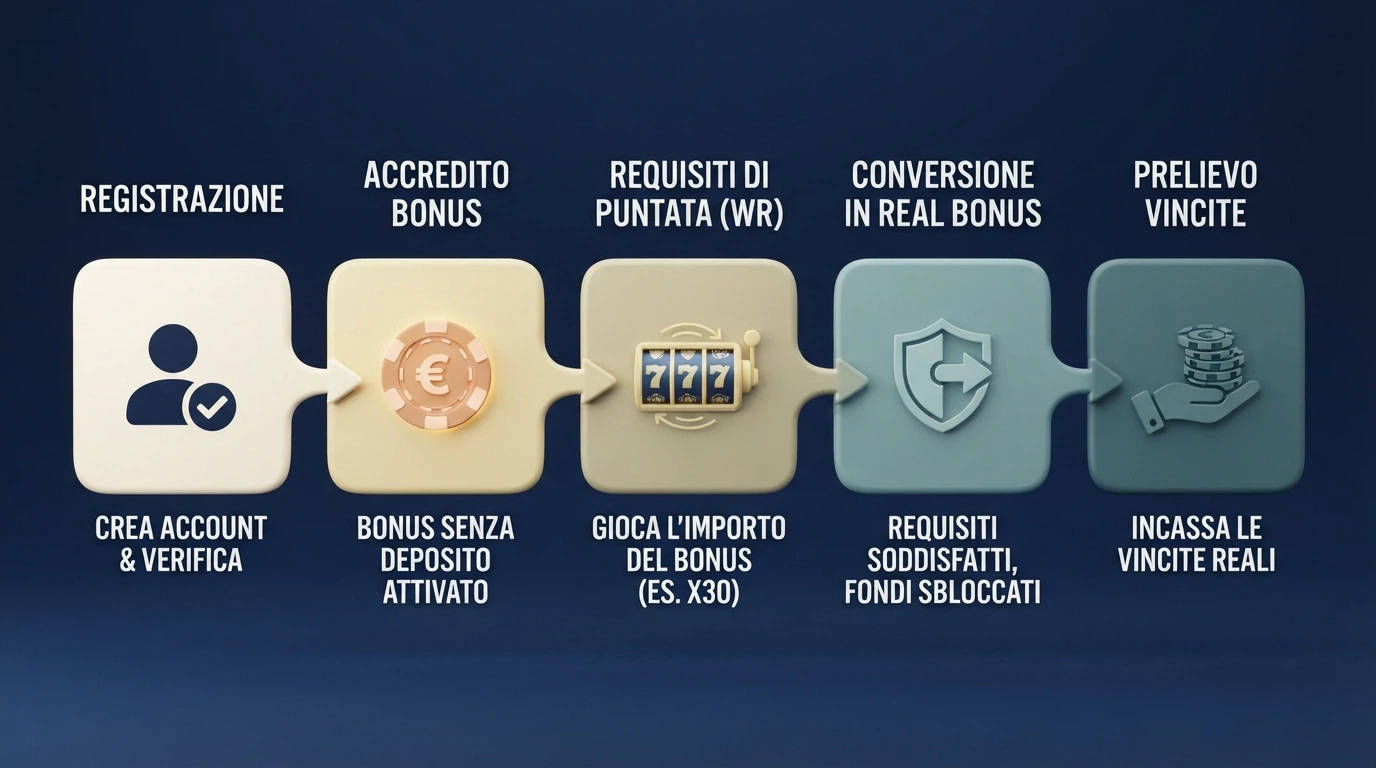 Diagramma che illustra il percorso dal bonus senza deposito al prelievo: registrazione, accredito, wagering, conversione in Real Bonus, prelievo