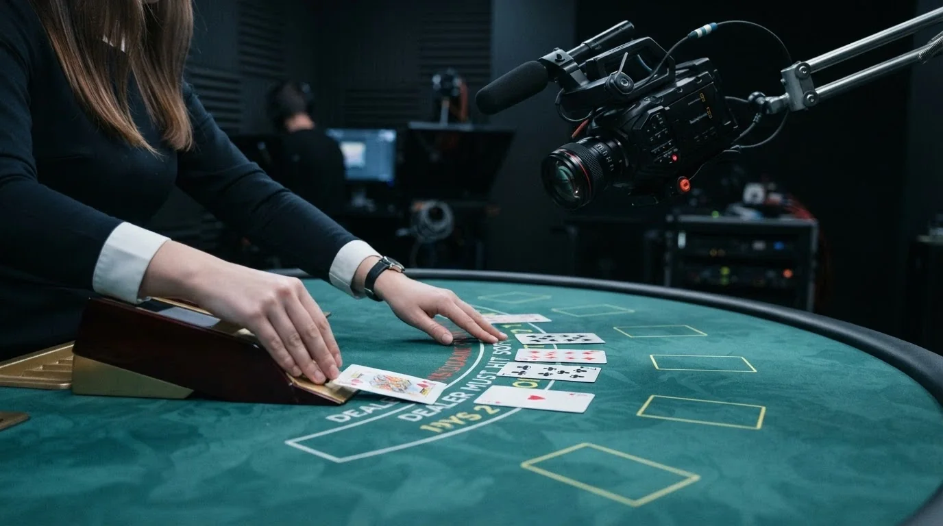 Primo piano di un croupier che distribuisce carte con una telecamera HD puntata sul tavolo