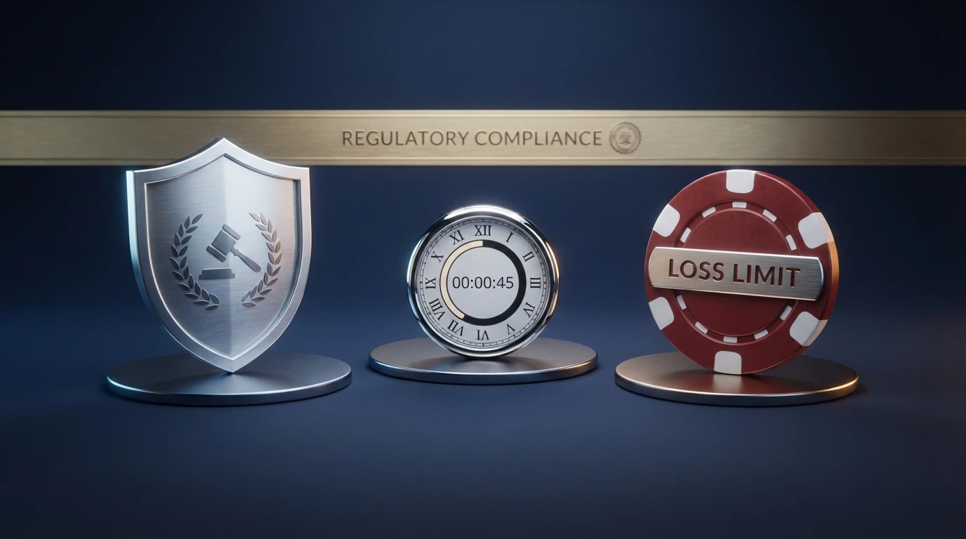 Un badge «ADM» stilizzato accanto a icone che rappresentano le tutele: scudo (RUA), orologio (limiti di sessione), simbolo dell'euro con un tetto (limiti di perdita)