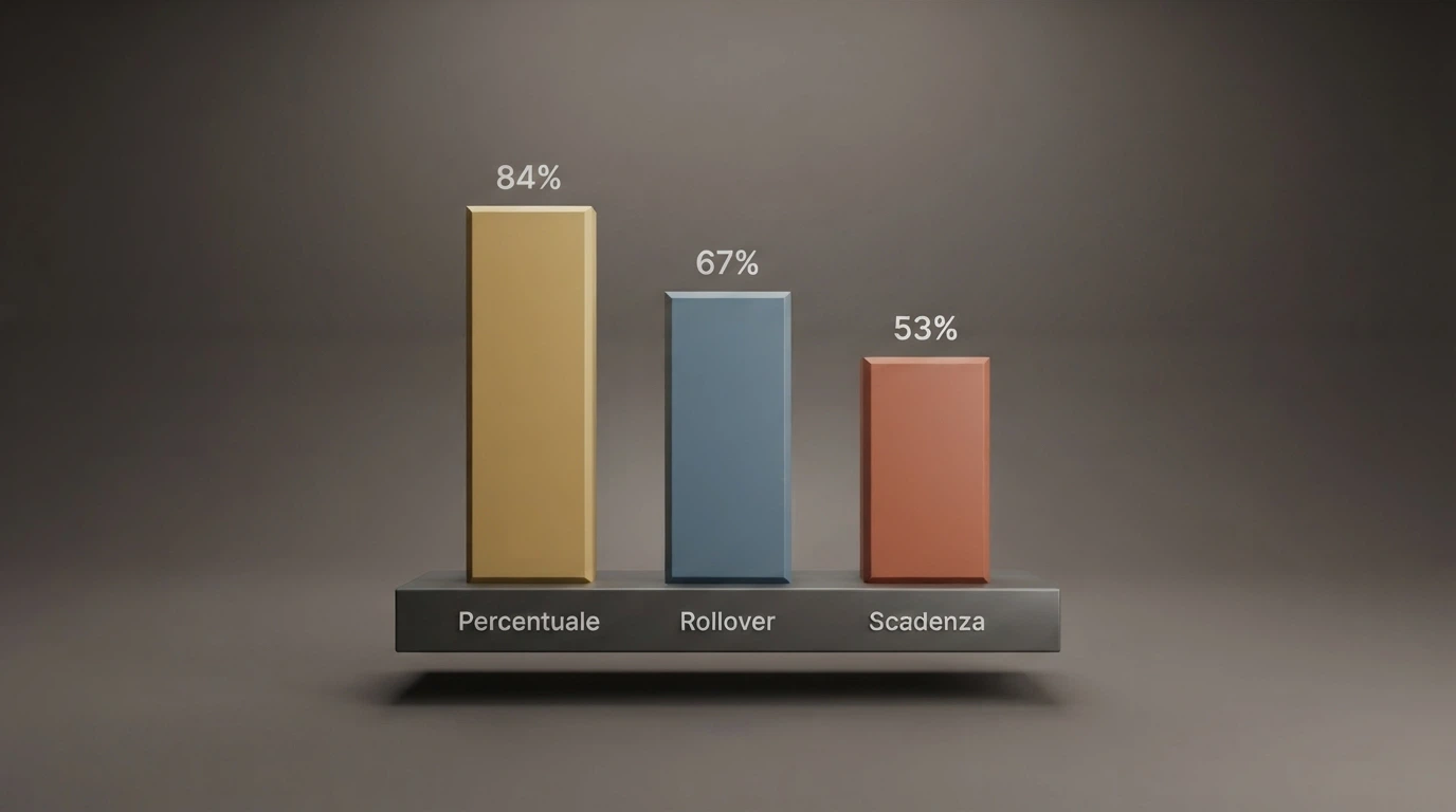 Una tabella comparativa stilizzata con tre colonne in evidenza: percentuale bonus, rollover e scadenza, con valori affiancati