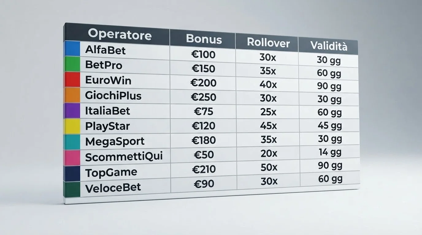 Una tabella comparativa stilizzata con loghi di casinò e accanto le cifre dei bonus, del rollover e della validità