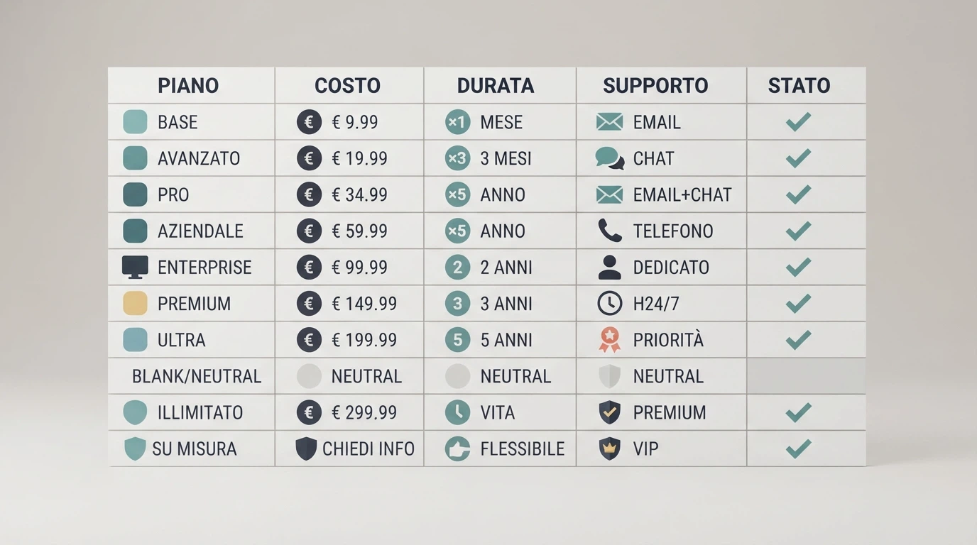 Una tabella comparativa stilizzata con cinque colonne e dieci righe, dove ogni riga rappresenta un operatore e ogni colonna una condizione del bonus