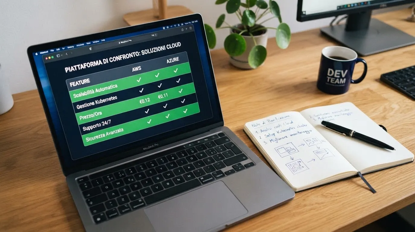 Una tabella comparativa su schermo di laptop, con alcune righe evidenziate e accanto un blocco note con appunti manoscritti e una penna