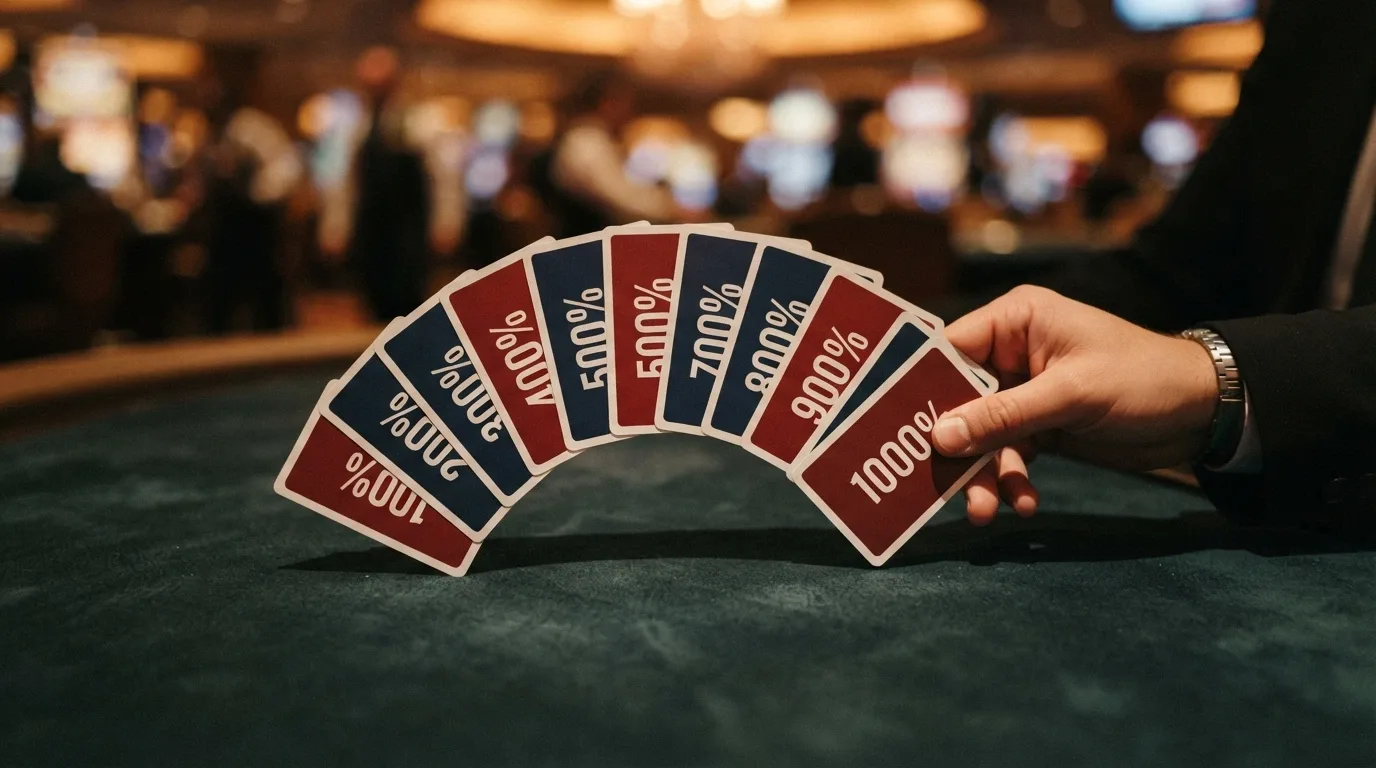 Una fila di dieci carte da gioco disposte a ventaglio, ciascuna con il logo stilizzato di un casinò diverso e una percentuale di bonus visibile accanto
